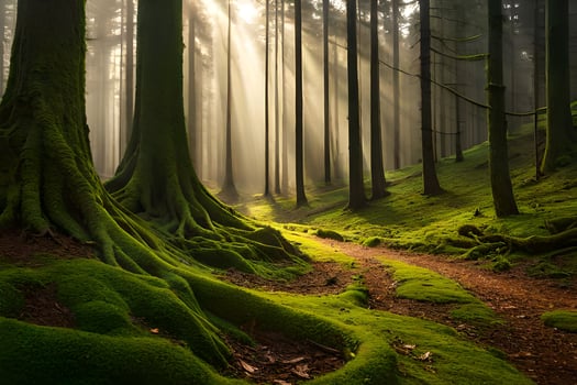 a path through a forest with mossy trees. AI-Generated photo