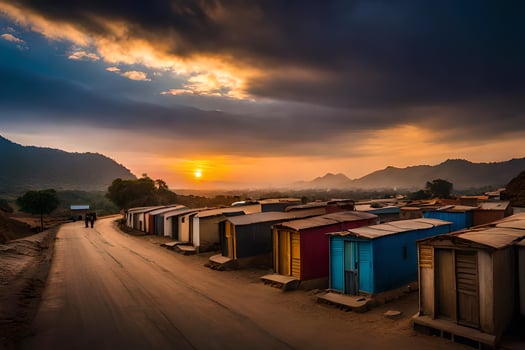 the sun sets over a row of colorful huts. AI-Generated photo