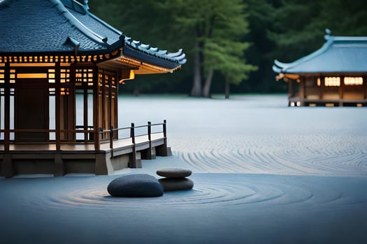 a japanese pavilion sits in the sand with rocks and a stone. AI-Generated photo