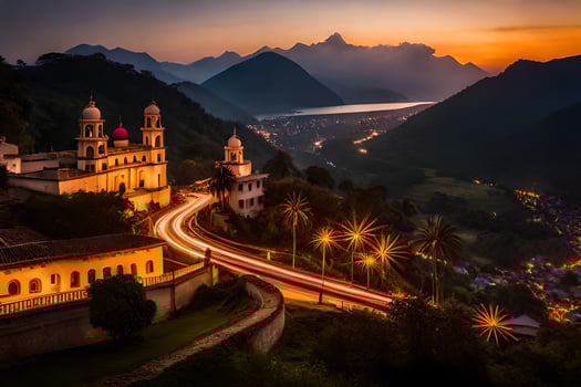 a church and a mountain at sunset. AI-Generated photo