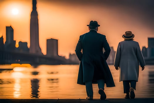 two people walking along the water with the sun setting behind them. AI-Generated photo