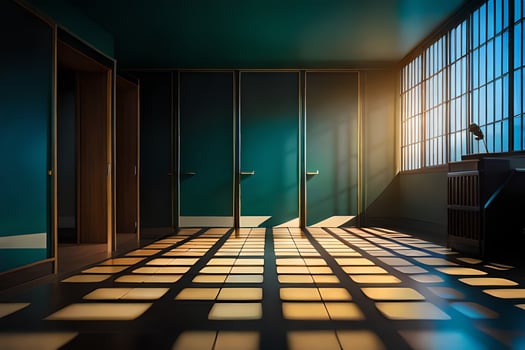 a room with a large window and a floor with a checkered pattern. AI-Generated photo