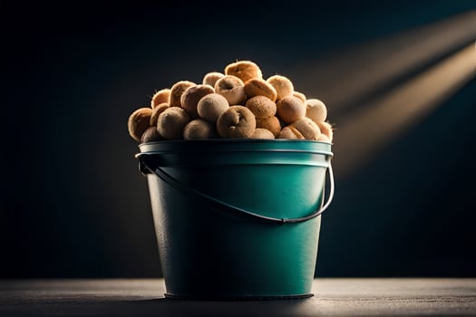 a bucket filled with nuts on a dark table. AI-Generated photo