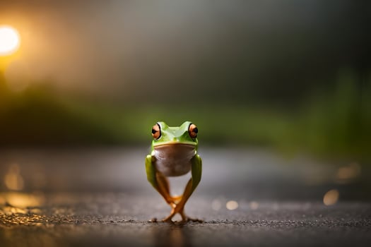 a frog standing on the ground with a bright light behind it. AI-Generated photo