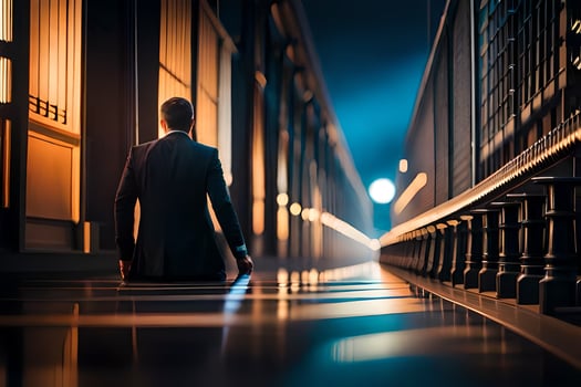 a man in a suit is walking down a hallway. AI-Generated photo
