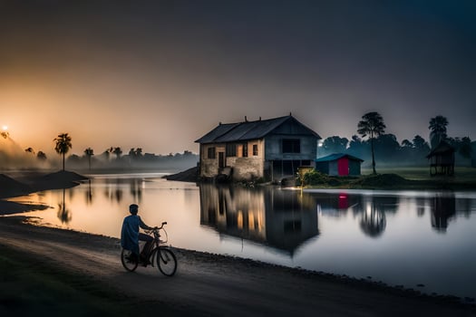 a man rides his bike along the road near a lake. AI-Generated photo