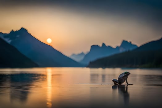 a person sitting on the edge of a lake at sunset. AI-Generated photo