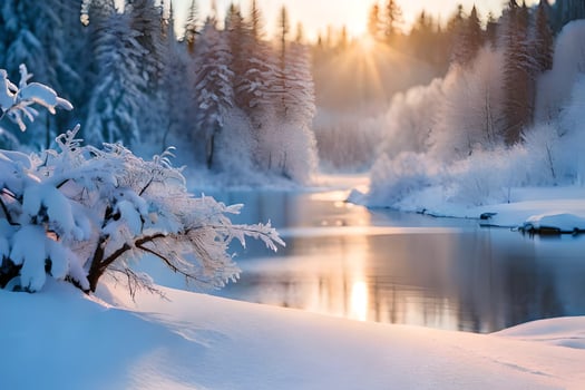 snow covered trees and a river in the winter. AI-Generated photo