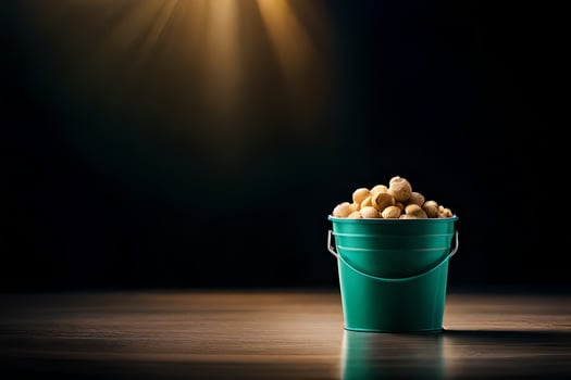 a bucket filled with peanuts on a table. AI-Generated photo