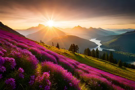 the sun rises over the mountains and flowers in the foreground. AI-Generated photo