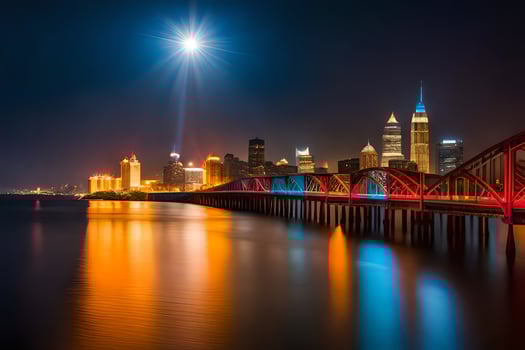 the city skyline at night with the moon shining brightly. AI-Generated photo