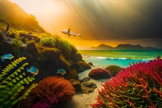 photo wallpaper sea, coral, fish, sun, sky, ocean, mountains, sky, sunset. AI-Generated