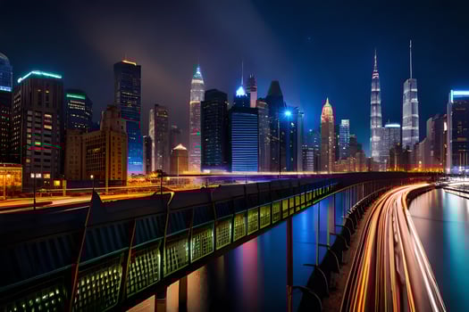 the city skyline at night with lights on. AI-Generated photo