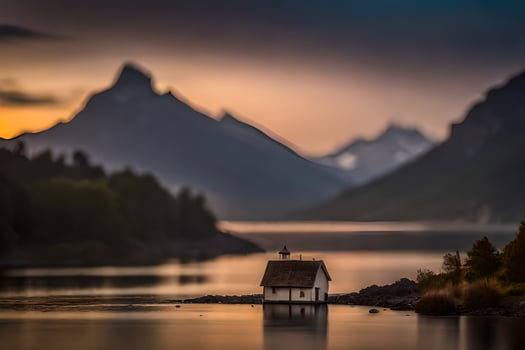 a small house sits on the shore of a lake at sunset. AI-Generated photo
