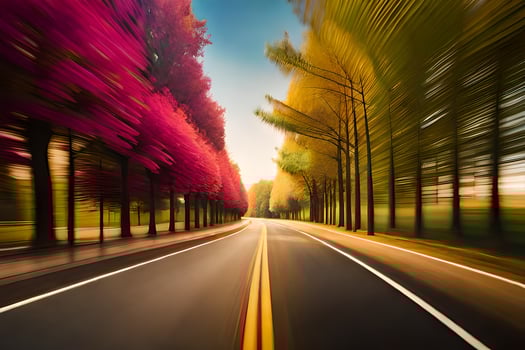 a blurry image of a road with trees and a car. AI-Generated photo