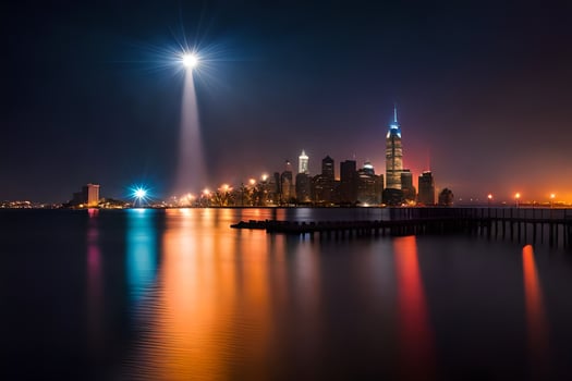 the manhattan skyline is illuminated at night. AI-Generated photo