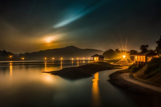 the moon shines brightly over a lake at night. AI-Generated photo