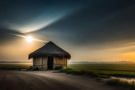 a hut sits on the side of a road in the middle of a field. AI-Generated photo