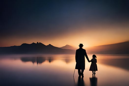 a man and a child walking in the water at sunset. AI-Generated photo