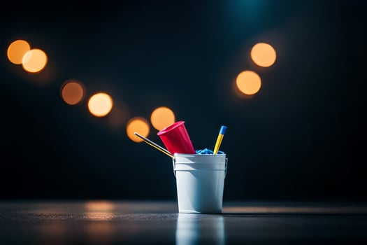 a cup with a red and blue pencils and a red marker. AI-Generated photo
