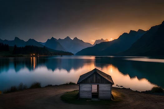 a small hut sits on the shore of a lake at sunset. AI-Generated photo
