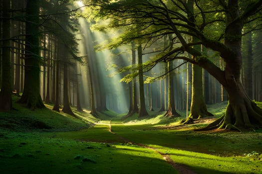 a path through a forest with sunbeams shining through the trees. AI-Generated photo