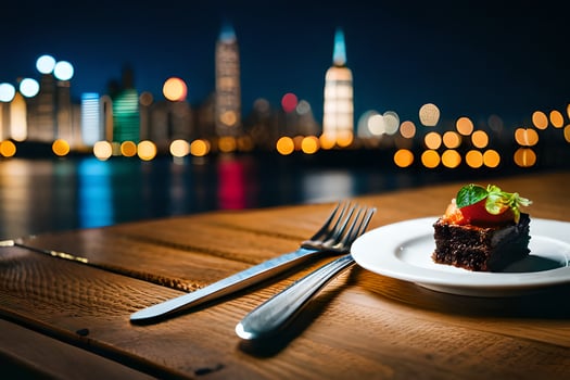 a plate of chocolate cake with a view of the city. AI-Generated photo