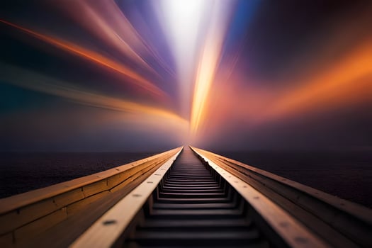 a long train track with a bright light coming from the sky. AI-Generated photo