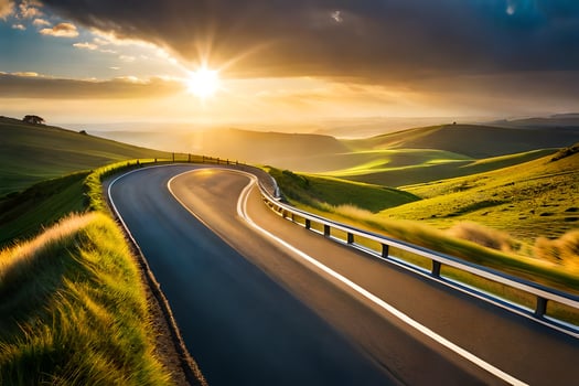the sun setting over a winding road in the hills. AI-Generated photo
