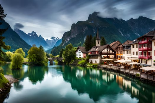 a river runs through a town in the mountains. AI-Generated photo