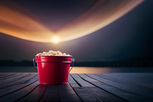 a red bucket of popcorn on a wooden table. AI-Generated photo