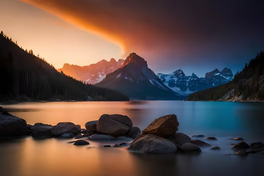 a beautiful sunset over a lake and mountains. AI-Generated photo