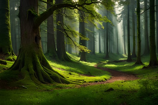 a path through a green forest with trees. AI-Generated photo