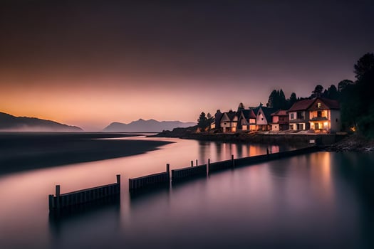 a long exposure photograph of houses on the shore of a lake. AI-Generated photo