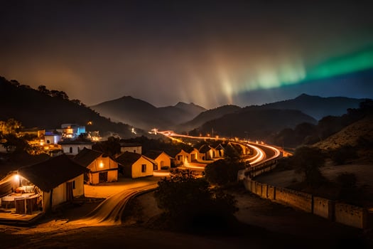 the aurora bore lights up the sky over a town. AI-Generated photo