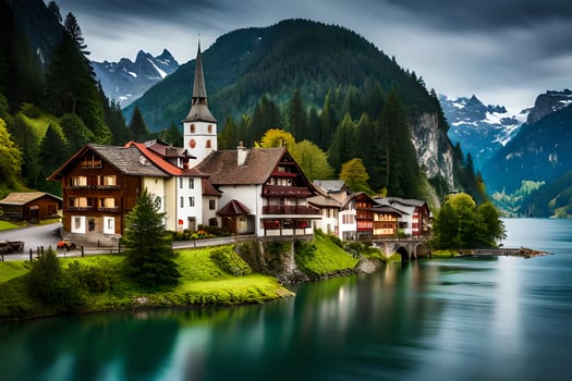 a beautiful mountain village with a lake and mountains. AI-Generated photo