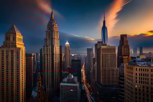 the city skyline at sunset with clouds in the sky. AI-Generated photo