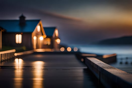 a long exposure photograph of a house on a pier at dusk. AI-Generated photo