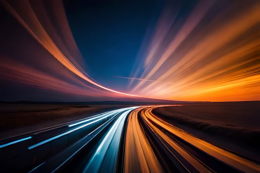 a long exposure photograph of a train traveling through the night. AI-Generated photo