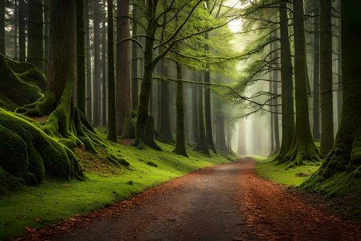 a path through a green forest with trees and moss. AI-Generated photo