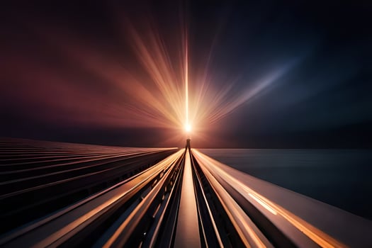 a train track with light shining through it. AI-Generated photo
