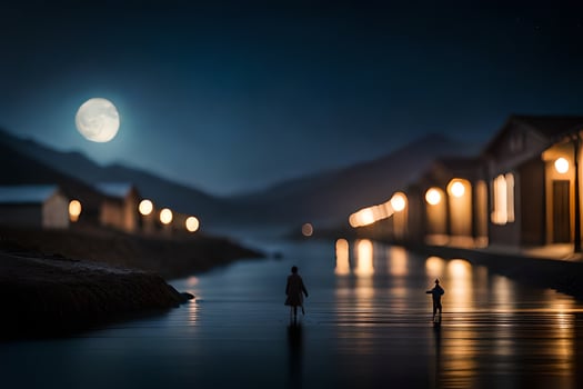 a man and a child walk along a river at night. AI-Generated photo