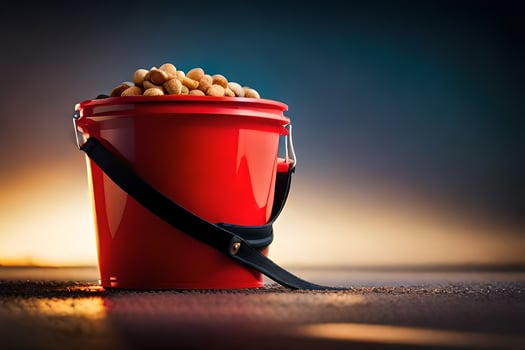 a red bucket filled with peanuts sitting on a table. AI-Generated photo