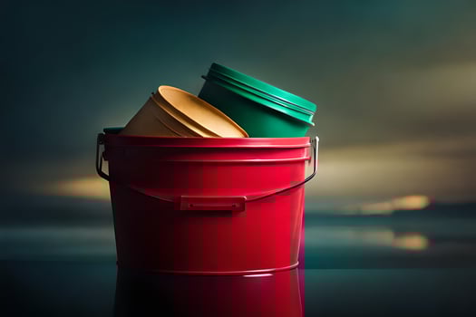 a red bucket with two green buckets on top. AI-Generated photo