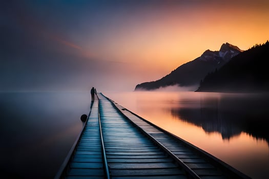 a man stands on a dock at sunset. AI-Generated photo
