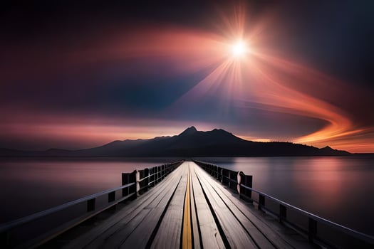 a long pier with a sun shining over it. AI-Generated photo