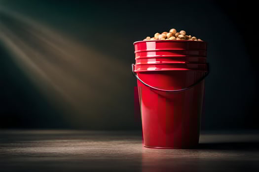 a red bucket filled with peanuts on a dark table. AI-Generated photo