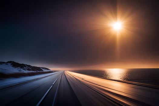 a long exposure photograph of a road with the sun shining. AI-Generated photo