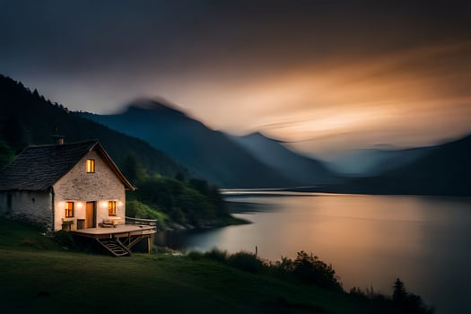a small cabin sits on the edge of a lake at sunset. AI-Generated photo