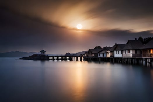 a long exposure photograph of a pier and houses at night. AI-Generated photo
